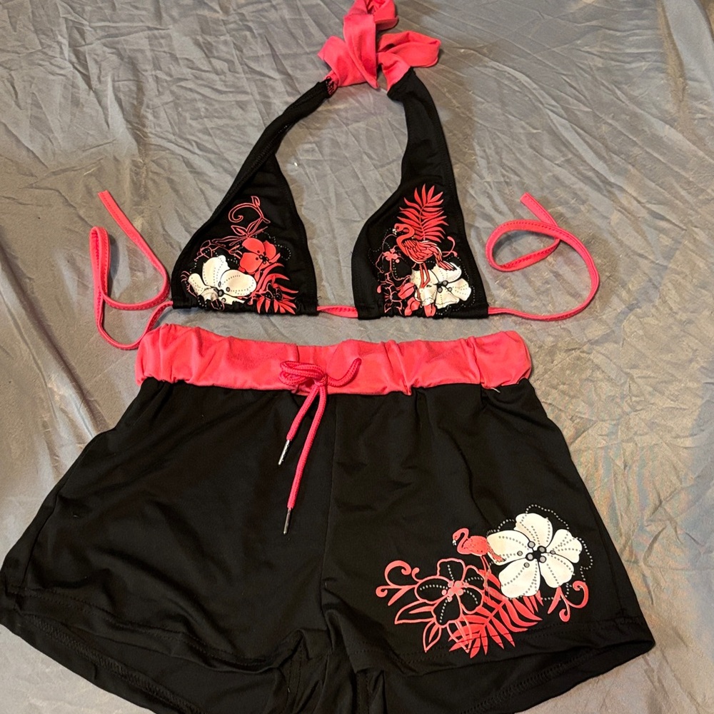 Black & Pink Floral Halter Bikini Top with Drawstring Swim Shorts